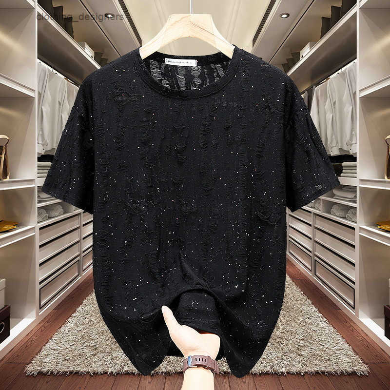 Extra Large Designer T-shirt Luxury Fashion And Torn Holes Starry Sky Short Sleeved Mens Clothes Trend Increases Summer Outdoor Loose Fit Fat Bottom