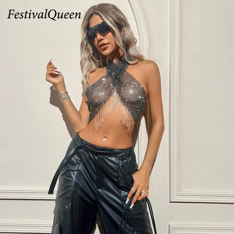 Summer Hollow Mesh Rhinestone Tank Top Women Sexy Backless See Through Fishnet Metal Chain Tassel Crop Top Party Camisole 260723