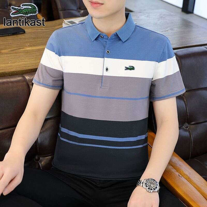 Noble Crocodile 2025 New Polo Shirt Mens Short designer handbag Sleeve High-end Trendy Pure Cotton Loose Turn-down Collar Striped Business T-shirt