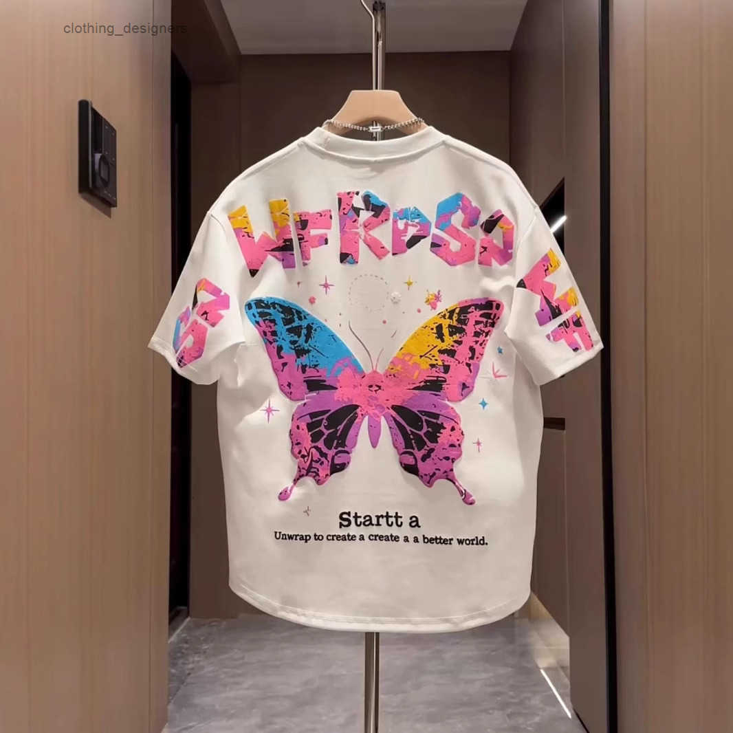Luxury Brand Designer Clothes 2025 Summer New Mens Short Embroidered Foam Printed Colorful Butterfly Casual Half Sleeve T-Shirt Fashion Base Layer
