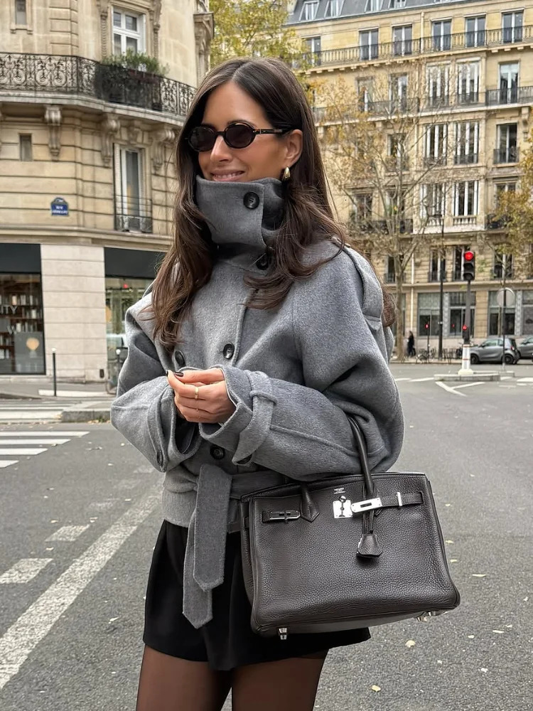 Grey Turtleneck Woolen Coat Women Elegant High Collar Double Breasted Pocket Lace Up Short Overcoat Lady Chic Daily Street Coats 260723