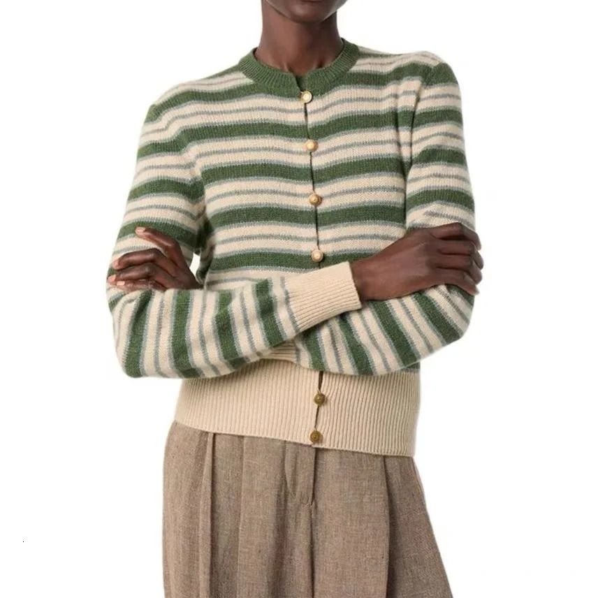 Round Neck Long Sleeve Striped Knitted Cardigan For Women Autumn Style Sweater All-Match Coat Top 260723