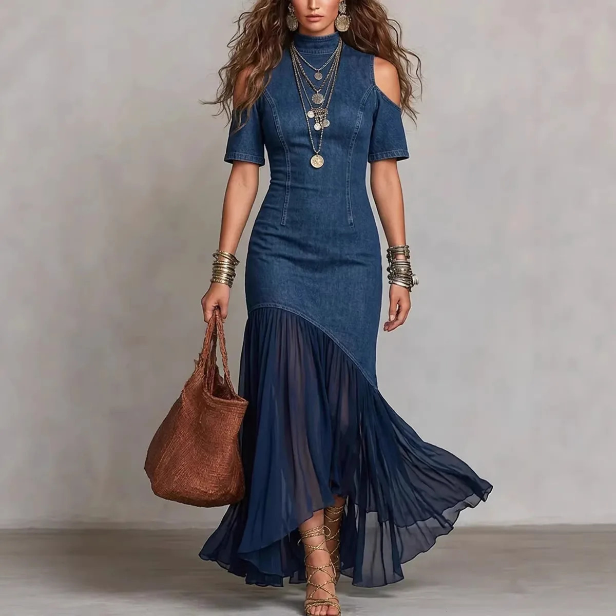 Women Evening Dresses Short Sleeves Mock Neck Splicing Chiffon Pleated Dress Offshoulder Vintage Casual Slim Denim Long 260720banjia