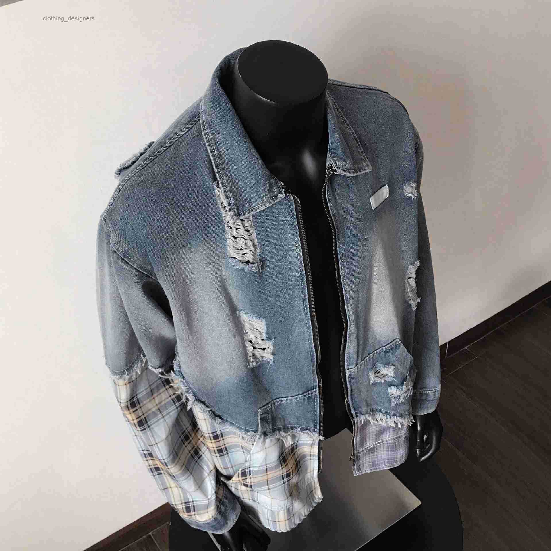 Luxury Brand American Style Trendy Irregular Plaid Patchwork Distressed Designer Clothes Denim Jacket For Men Retro Ins Trend Couple Coat Top