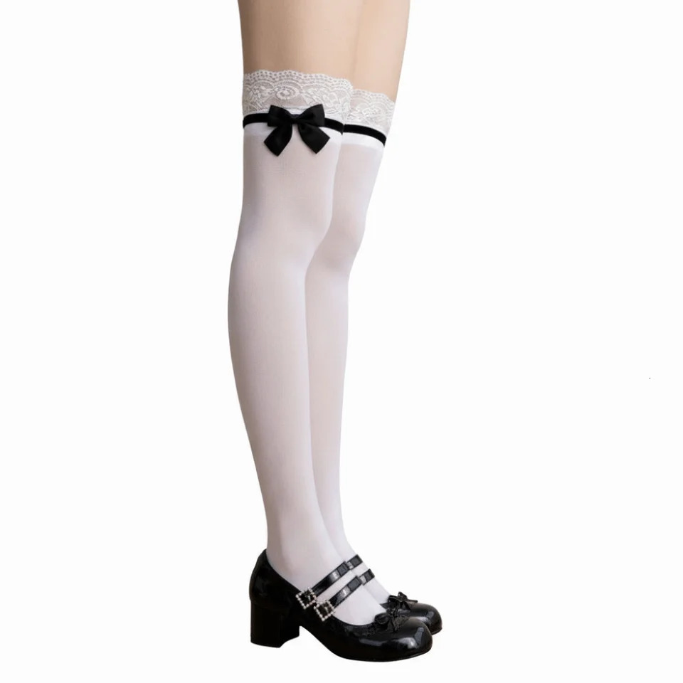 1 Pair Sweet BlackWhite JK Socks Lace Edge Thin Fabric Kneehigh Bow Knot n Overtheknee Summer Wea 260721banjia