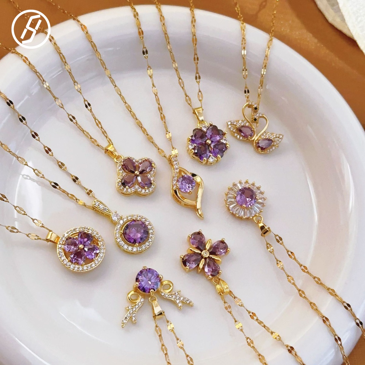 Italian Luxury Purple Crystal Pendant Necklace 18K Gold Plated Micro Pave CZ Swan Bowknot Flower Pendant Necklace Birthday Gift for Her
