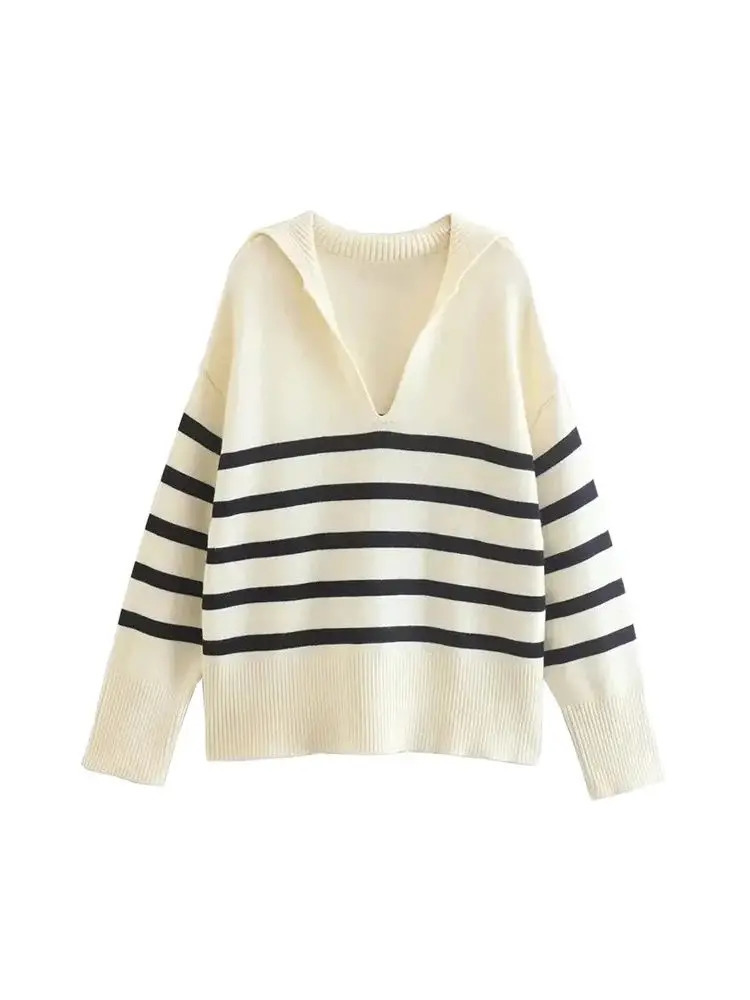 Women Fashion Striped Loose Knitted Sweater Vintage Long Sleeves Winter Autumn Female Pullovers Chic Tops 260723
