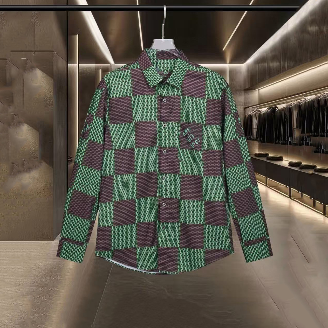 Designer shirts, men's shirts, high-quality lapel button up long sleeved shirts, fashionable full printed checkerboard patterns, casual men