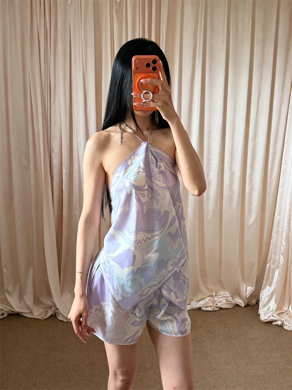 Zuhs Women Elegant Summer Vacation Light Purple Print Set Sexy Halter Slit Skirt Loose Draped Shorts Two Piece Outfit Casual Windproof Dress