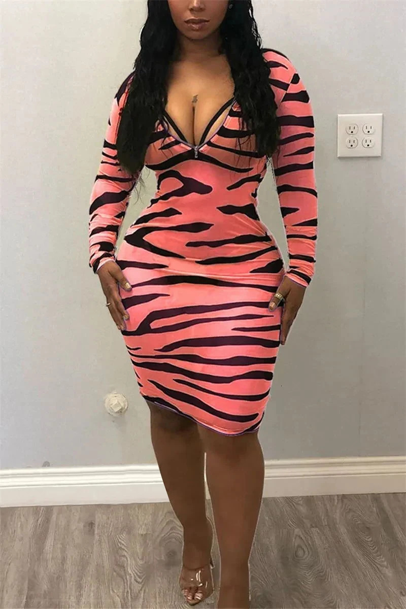 Womens Spring Summer Pink Black Zebra Print Long Sleeve Deep V Zip Front Bodycon Mini Party Dress 260727BJ