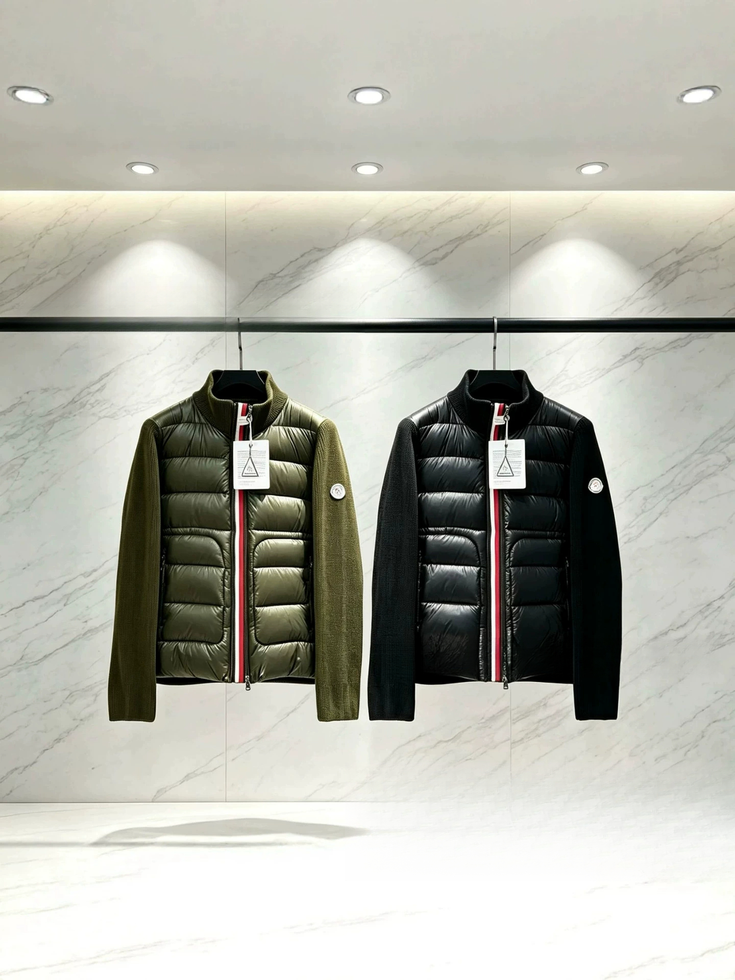 Gebreid gewatteerd gestreept donsjack voor heren en dames, witte eendendons, warm en getailleerd