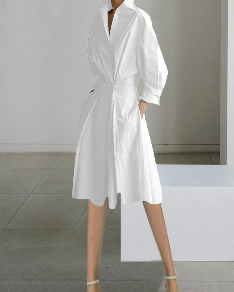 Womens V Neck Shirt Dress with Long Puff Sleeves and Cinched Waist Casual A Line Midi Dress for Daily Office Wear 260727BJ