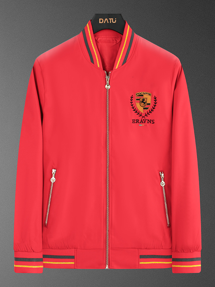 Men Bright Red Baseball Collar Zip Jacket Striped Rib Cuff Hem Chest And Back Wheat Shield Letter Embroidery Smooth Windproof Fabric Loose Fit Daily