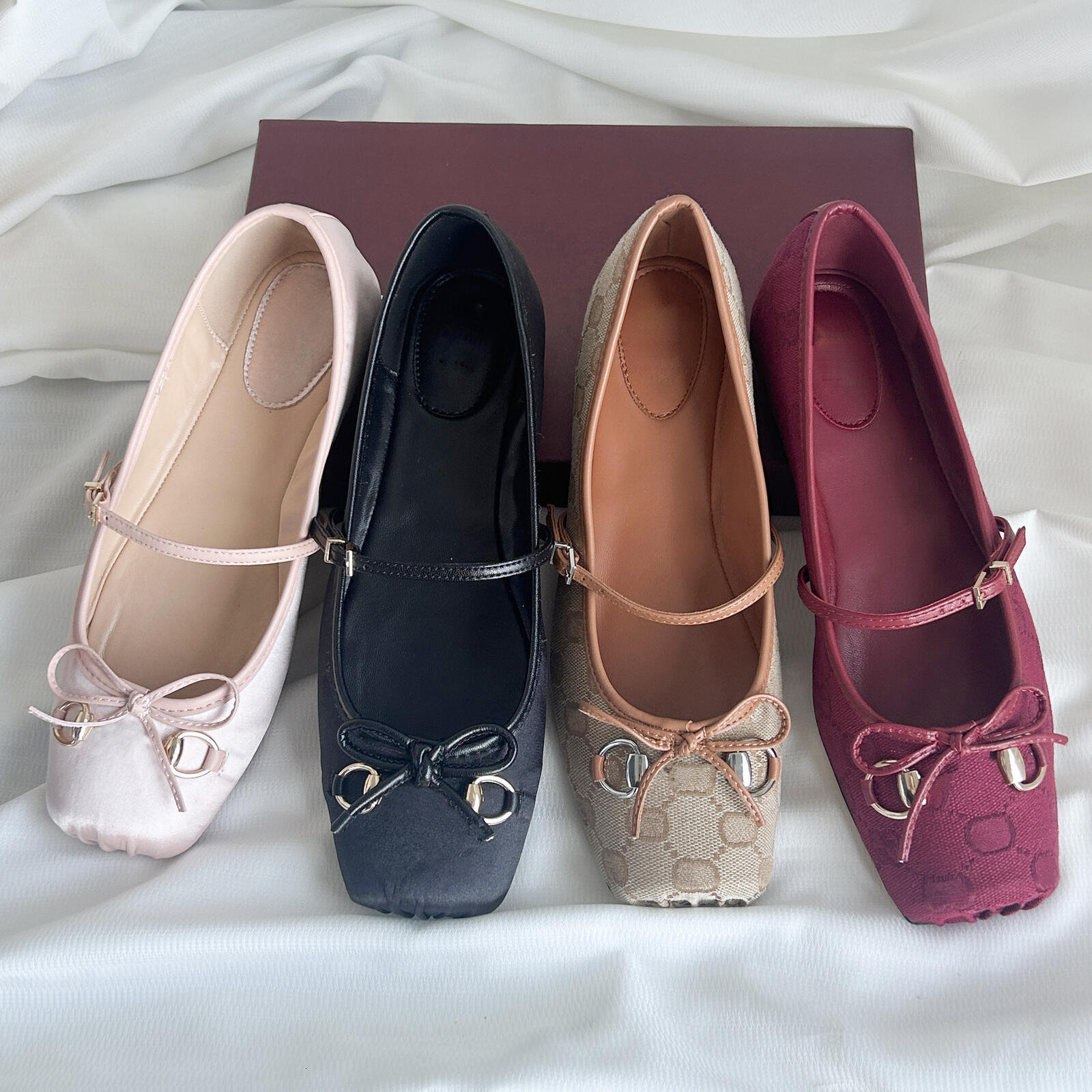Designer Horsebit Women Square Ballet Toe Flats All Over Jacquard Print Buckle Bow Decor Adjustable Strap Soft Bottom Daily Fashion Walking Flat Sho