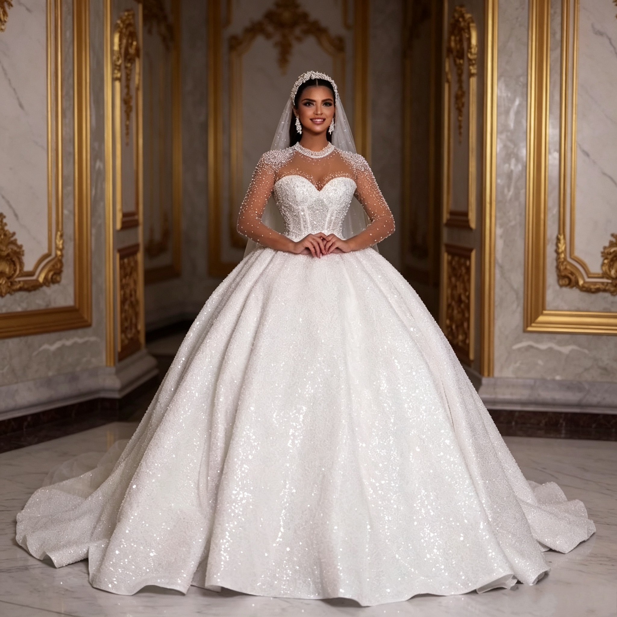 Sparkling African Nigerian Wedding Dresses Luxurious Pearls Beaded Illusion Long Sleeves Princess Bride Ball Gowns Sequined Dubai Arabic Vestidos De