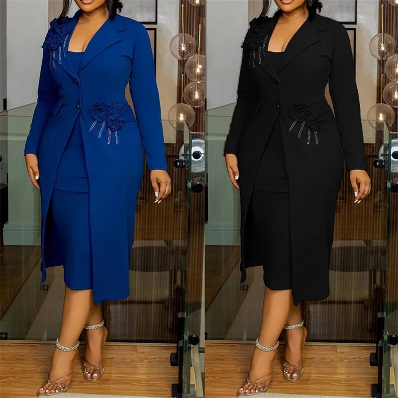 Women Dress Sets Two Pieces Set Matching Casual Elegant Flower V Neck Suit Coat Mid Calf Slip Party Night 2025 Work y260720banjia