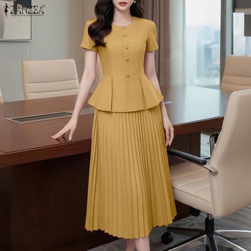 ZANZEA Elegant 2 Piece Outfit Short Sleeve Solid Top Tunic Long Skirts Summer Dress Sets Casual Office 2pcs Streetwear y260720banjia