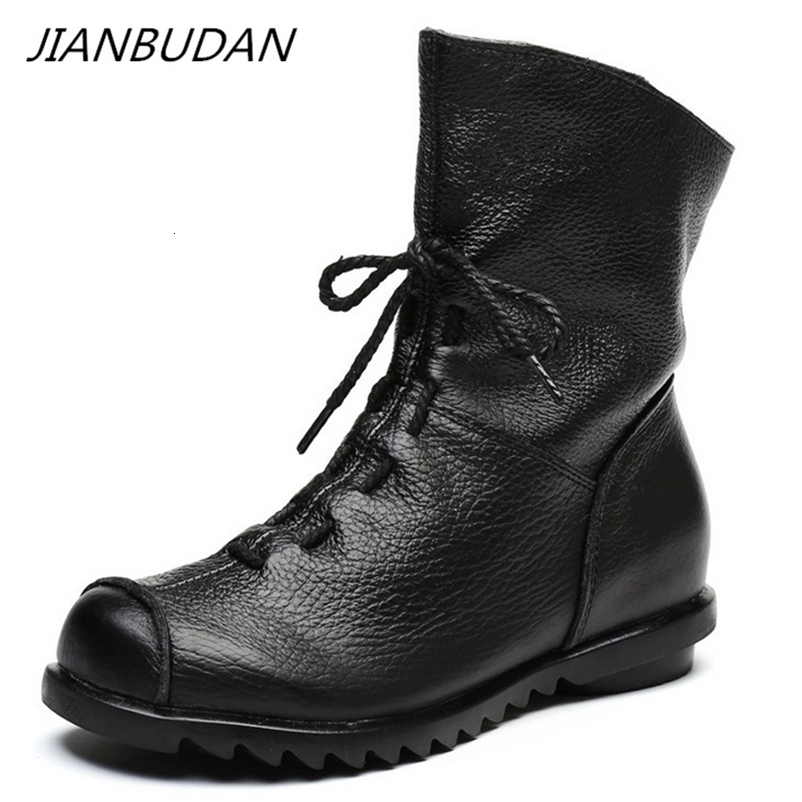 JIANBUDAN/ Genuine Leather Plush womens short Boots Retro Casual Autumn Winter Womens Waterproof leather warm Snow boots 260724