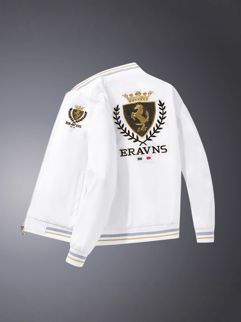 Light Windproof Stand Collar Zip Jacket For Men Back Crown Wheat Horse Embroidery Coordinating Chest Small Emblem Striped Rib Hem Relaxed