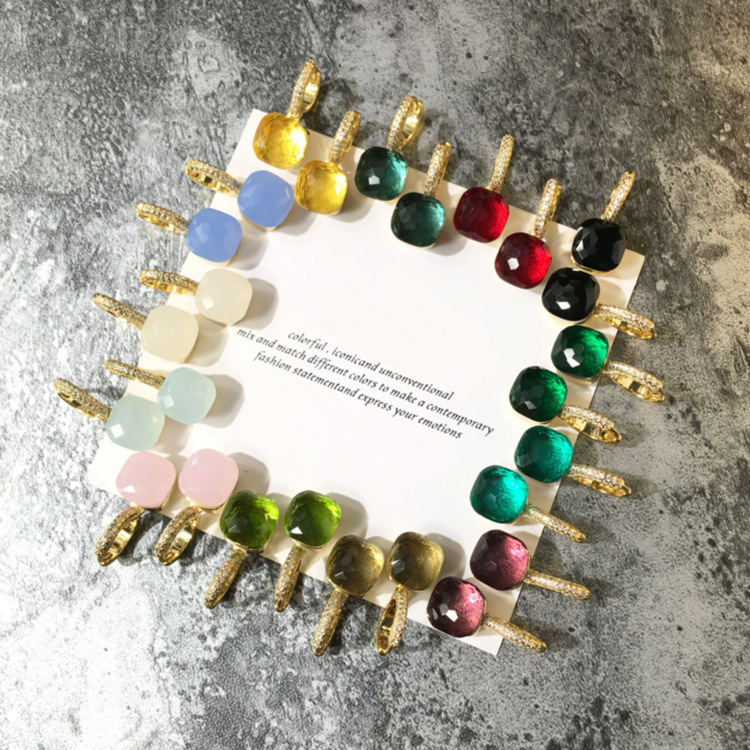 Colorful Stone Copper Micro Inlaid Candy Colored Square Crystal Earrings gold with Diamond Inlay240718