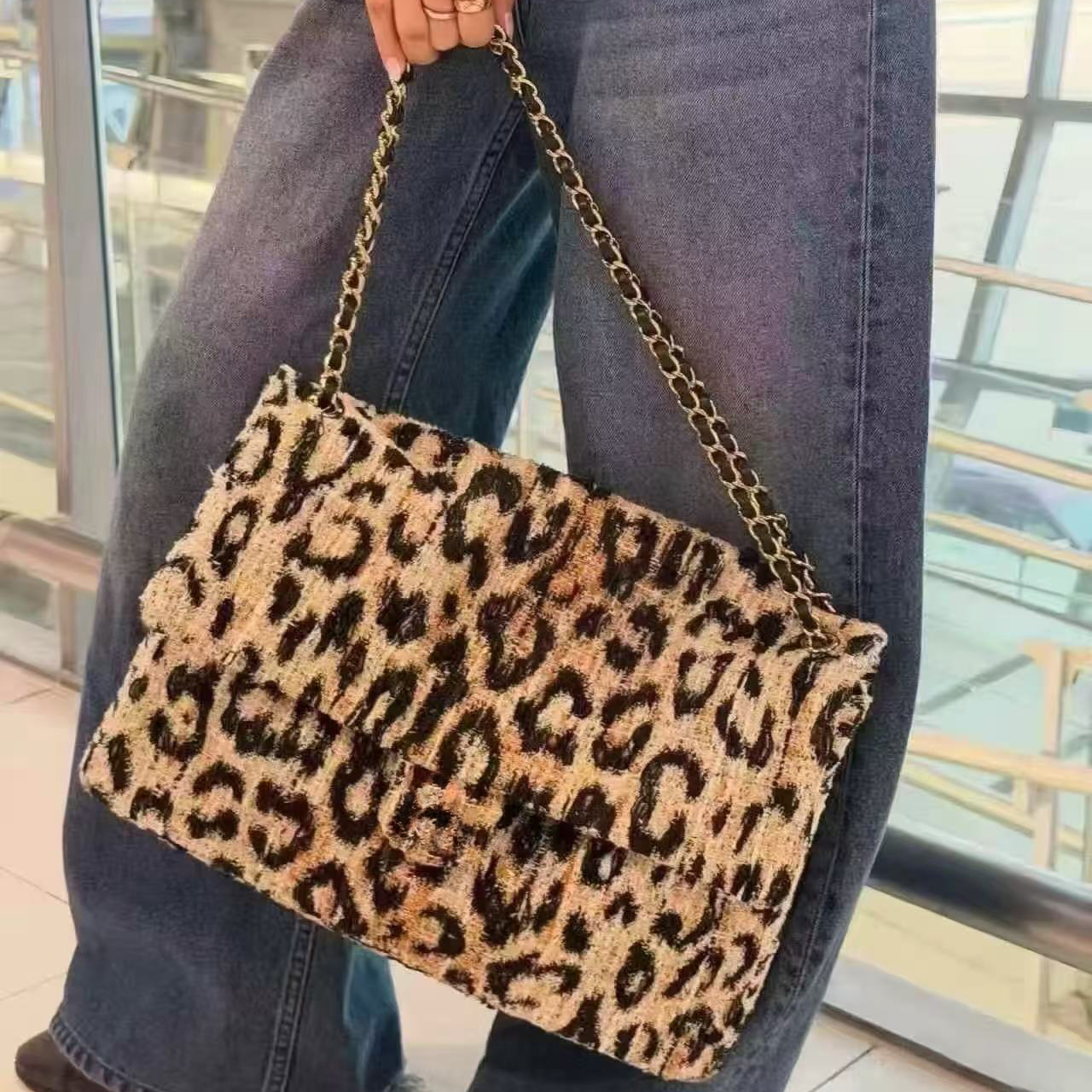 New Leopard Print Maxi Flap Bag designer Luxury Bag Mini Peppered Leopard Print Bag Women Handbag Tweed Mixed Fibers Shoulder Bag Chain Lambskin Cro