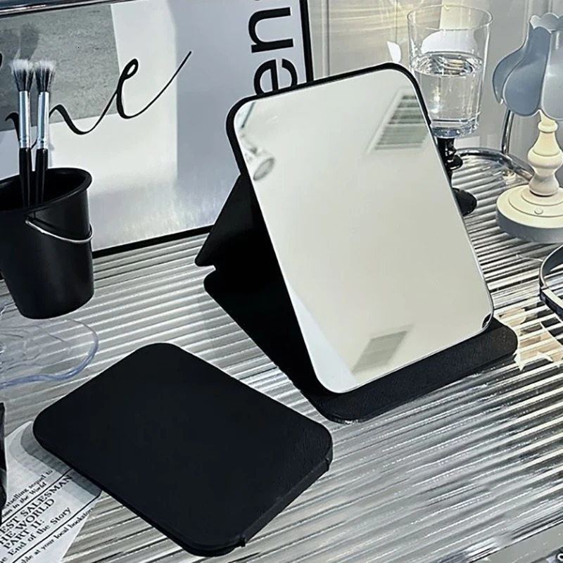 Desktop Makeup Mirror Solid Color PU Leather Simple Portable Handheld Black Mirror Foldable Student Compact Cute Pocket Mirror 260723BJ