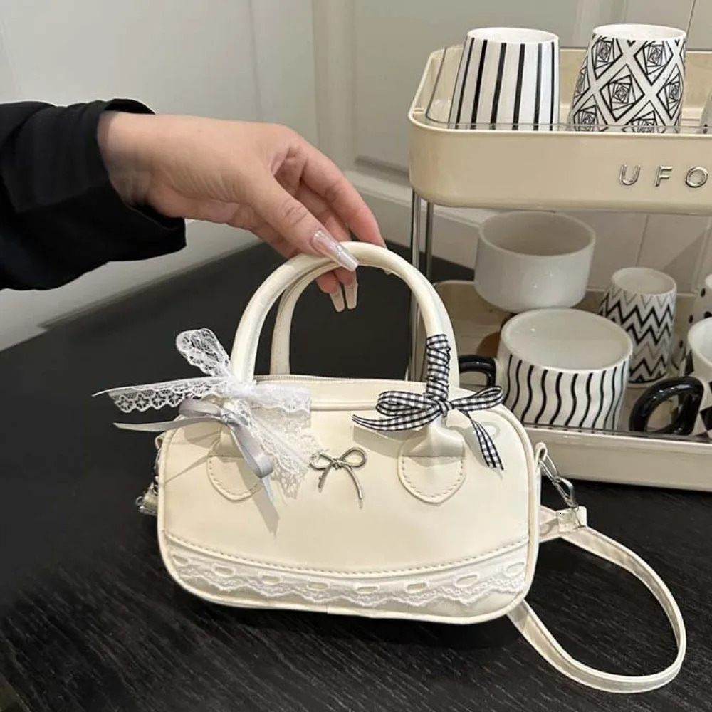Zipper PU Leather Boston Handbag Lace Ribbon Bow Crossbody Bowling Bag Korean Style Waterproof Small Square Bag Travel 260725BJ