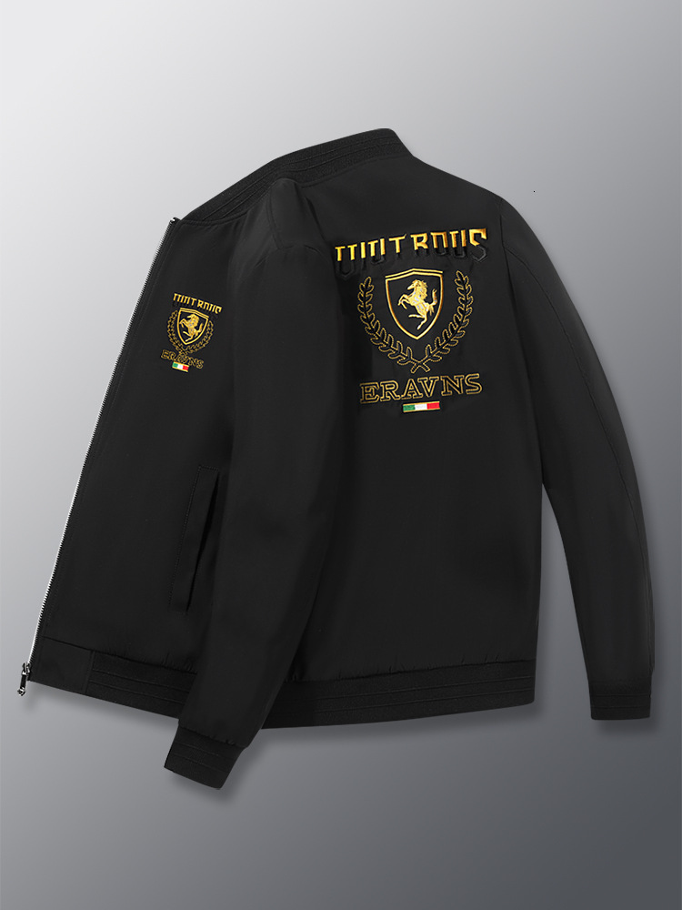 Men Stand Collar Zip Up Baseball Jacket Solid Yellow Fabric Back Shield Horse Wheat Wreath Letter Embroidery Cuff Ribbed Hem Lightweight Windproof D