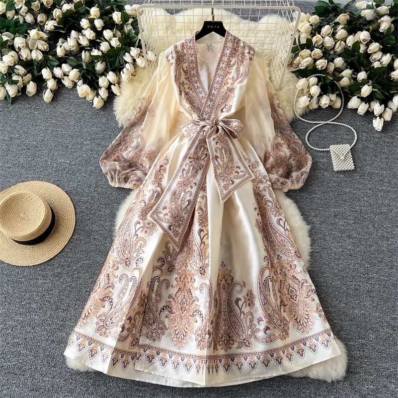 Spring Summer Bohemian Paisley Dress Holiday Puff Sleeve Cross V Neck Vintage Print Bandage Lace Up Robe Vestidos Maxi Clothes y260721banjia