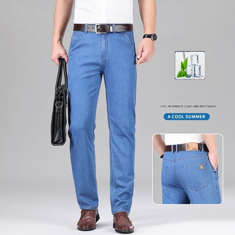 Lyocell Fabric Jeans Men Summer Thin Business Straight Leg Loose Trousers Mens Casual Long Pants Large Size 260725BJ