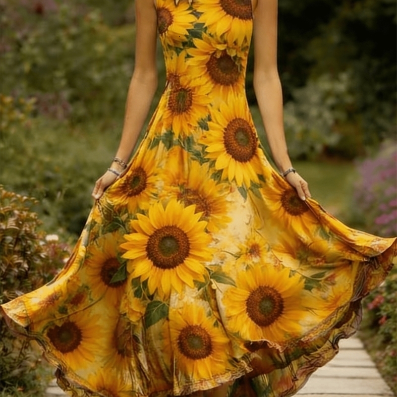 Womens Summer Style Retro Bohemian Sunflower Print 2D Printed Sleeveless VNeckL ongD ressL a rgeHe mSu mmerBe Wom ensDai l y260721banjia