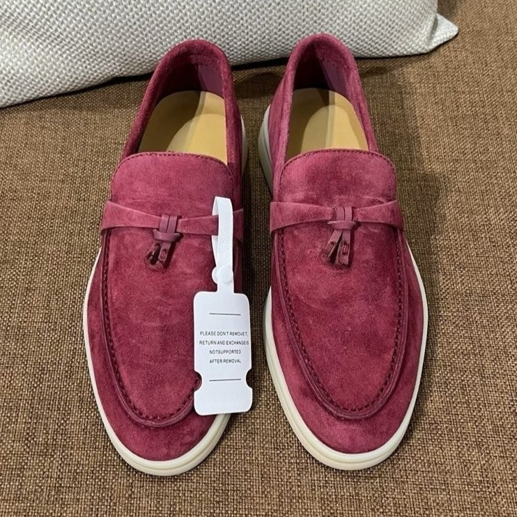 19A Full Handmade Suede Leather Designer shoe Burgundy Reebok Shoe Women's One-Step Old Money Style Suede Casual Shoes Commuter Slippers Flat L