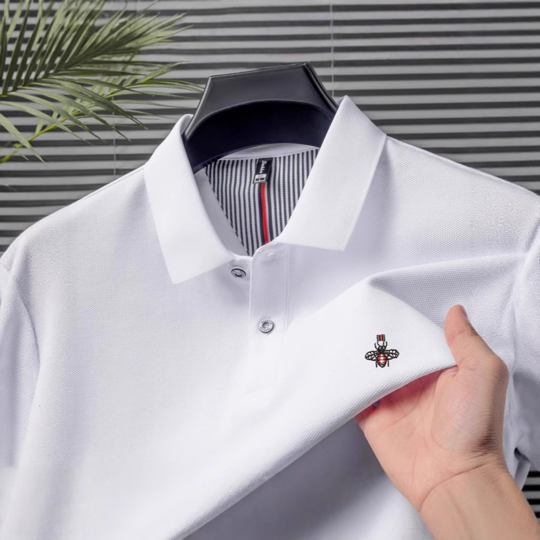Designer de luxe à rayures verticales, doublure intérieure, broderie d'abeille, polo en coton piqué résistant aux rides, coupe ample pour hommes,