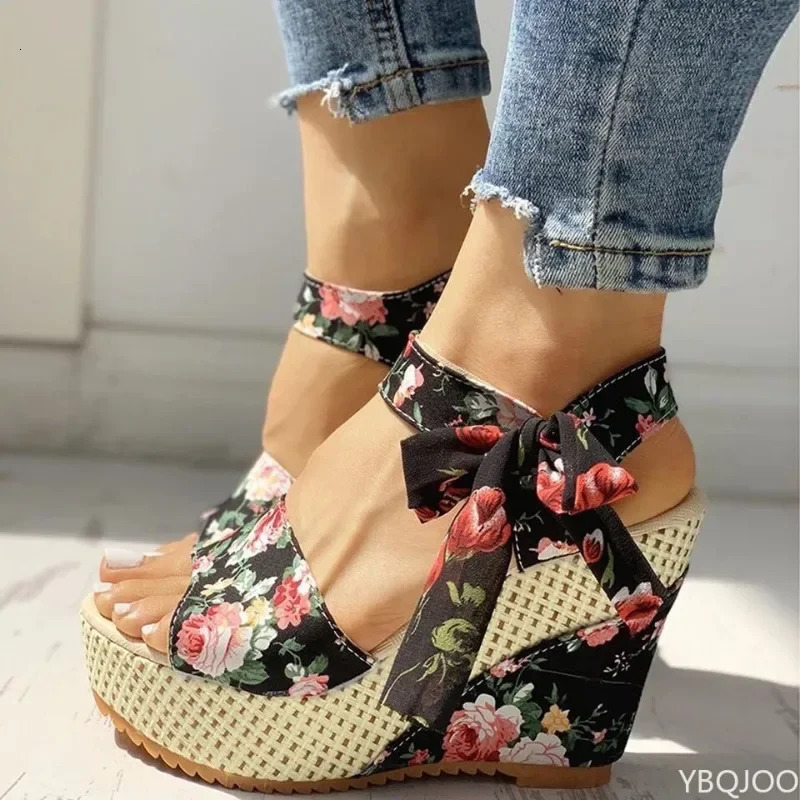 Summer Fashion Slope Heel Fish Mouth Womens Sandals Party Lace Strap Waterproof Platform Thick soled High Heels 260727
