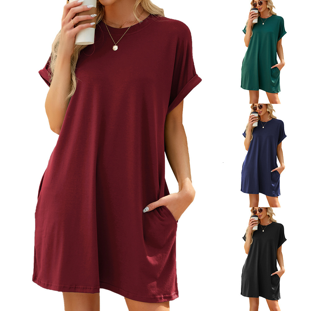 2024 spring-summer new solid color round-neck pocket loose short-sleeve dressAAA+