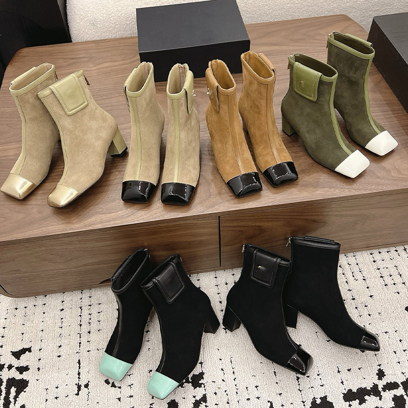 Top nuevo 2026 Botines de tobillo con punta cuadrada vintage para mujer, botas cortas con cremallera trasera y tacón de bloque de charol para Club,