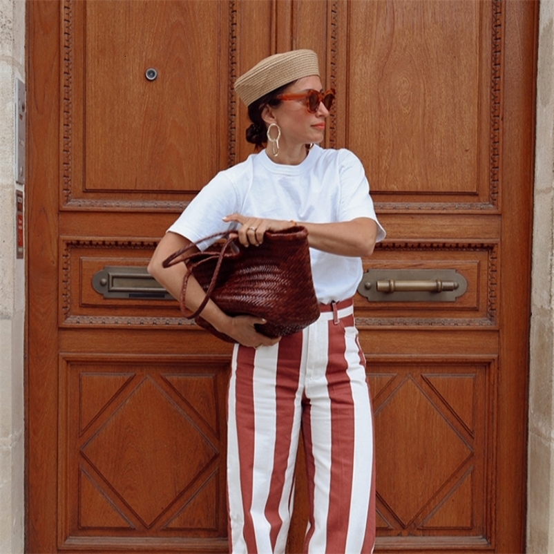 Casual Stripe Womens Pants Double Pocket High Waist Straight Female Trousers 2026 Summer Street Fashion Panelled Lady Pant 260723CJ