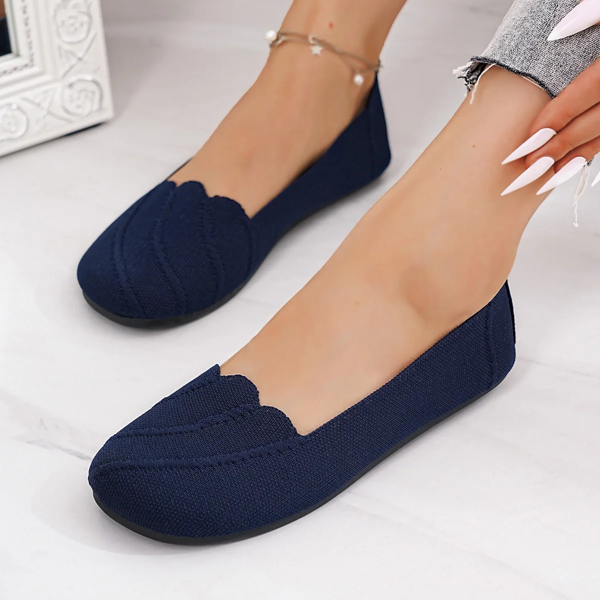 Womens Casual Flat Knitted Hollow Out Work Shoes Pure Color RoundToe Breathable Slip-On Shoes Comfortable Summer Shoes 260727