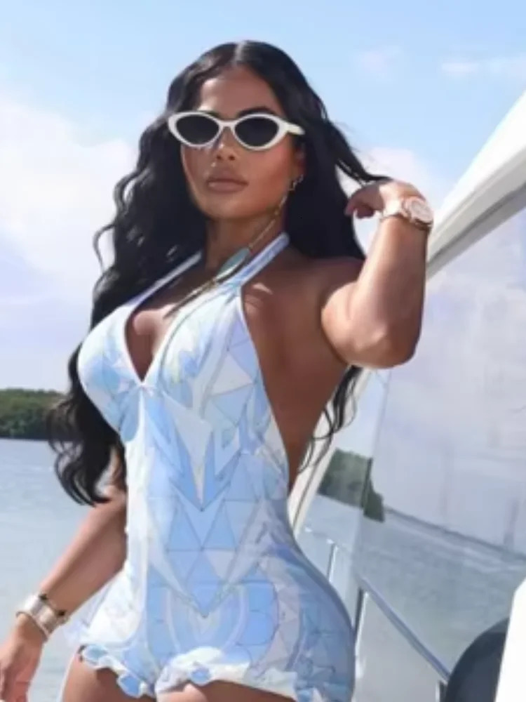 Sexy Blue Geometric Print Halter Romper Women Deep V Neck Ruffle Hem Sets 2026 Lady Summer Beach Party Fashion Jumpsuits 260727