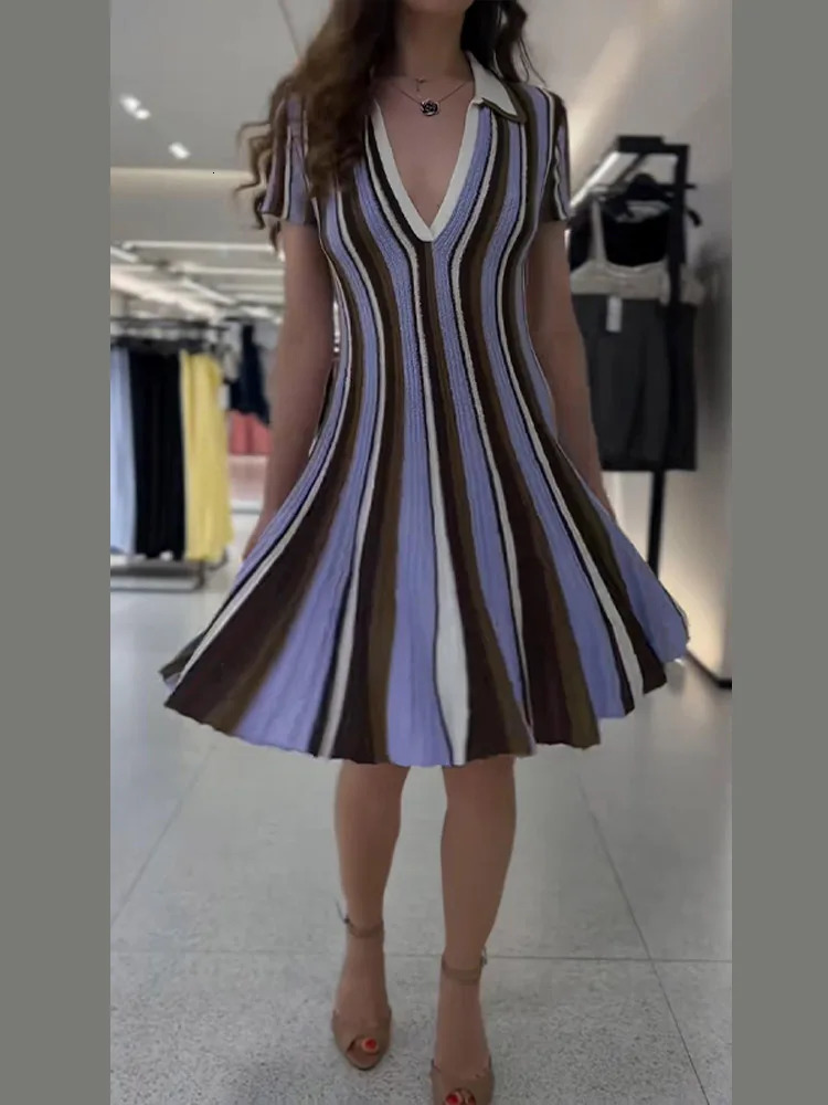 Striped Knit Womens Mini Dress Chic V Neck Short Sleeve Pleated A Line Female Dresses 2026 Casual Woman Summer Outwears 260727