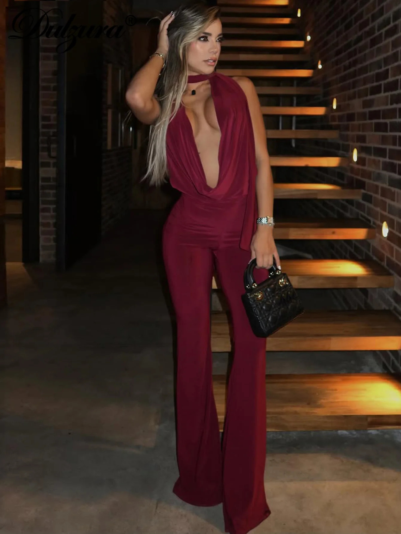 Dulzura Summer Solid Sexy Halter Swinging Collar Backless Slim Lace Up Flared Jumpsuit WomenS Fashion Elegant Party Club Romper 260727BJ