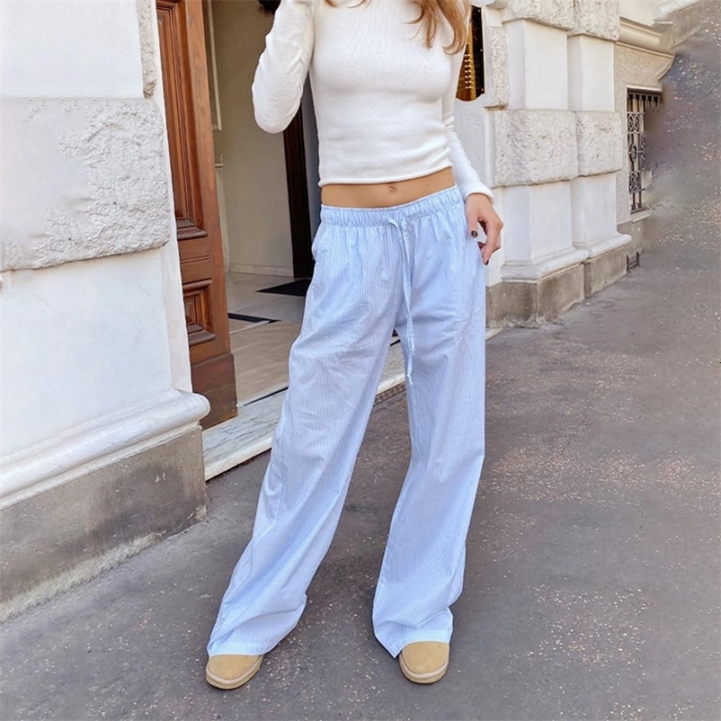 Y2K Casual Fashion Womens Striped Print Pants Drawstring Elastic Waist Loose Straight Long Trousers with Pockets Streetwear 260723CJ