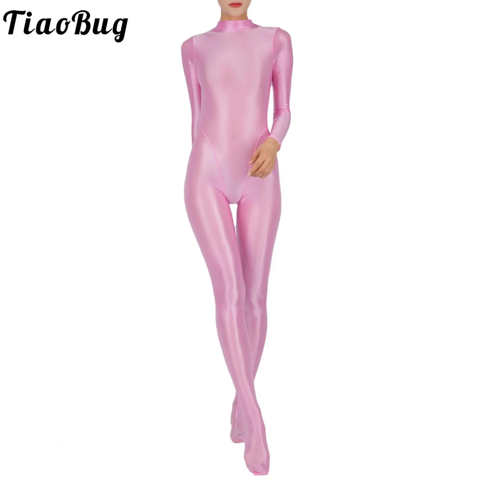 Women Glossy Full Body Jumpsuit Gym Yoga Tights Rompers Mock Neck Long Sleeve Footed One Piece Jumpsuit Clubwear Sportwear 260727BJ