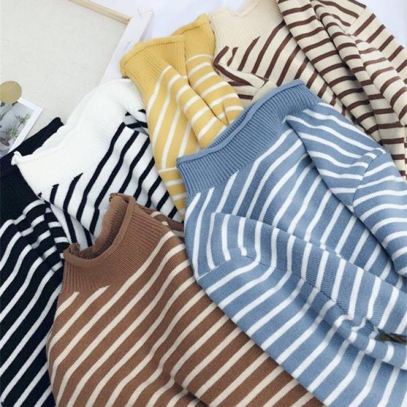 Autumn Winter Women Mock neck Sweaters Pullover Tops Fashion Female Skinny Elastic Long Sleeve Casual Striped Knitted Shirts 260723CJ