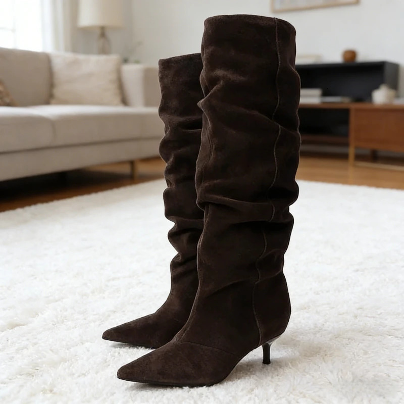 Winter Pleated Suede Knee High Boots Women Retro Brown Pointed Toe Kitten Heels Boots er Comfortable Light Botas Mujer 260727