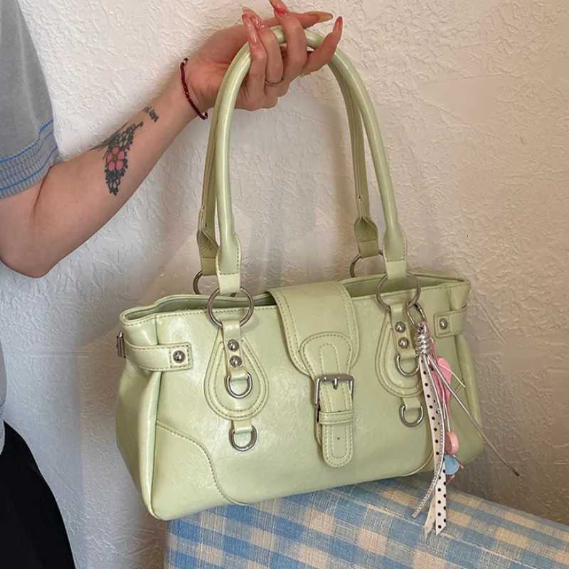 Korean Y2k Style Pu Shoulder Tote Bag Vintage Buckle Hardware Underarm Handbag Women Solid Color Daily Commute Handheld Purse X260728