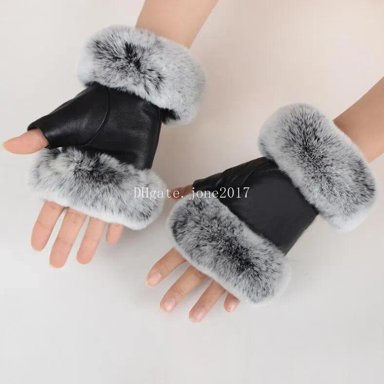 Outdoor autumn and winter women's sheepskin gloves Rex rabbit fur mouth half-cut computer typing foreign trade leather clothing mittens