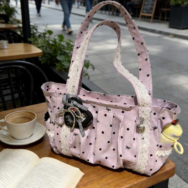 Large Capacity Lightweight Canvas Tote Polka Dot Lace 3D Flocked Korean Ins Casual Handbag Student School Bag Daily Commute X260728