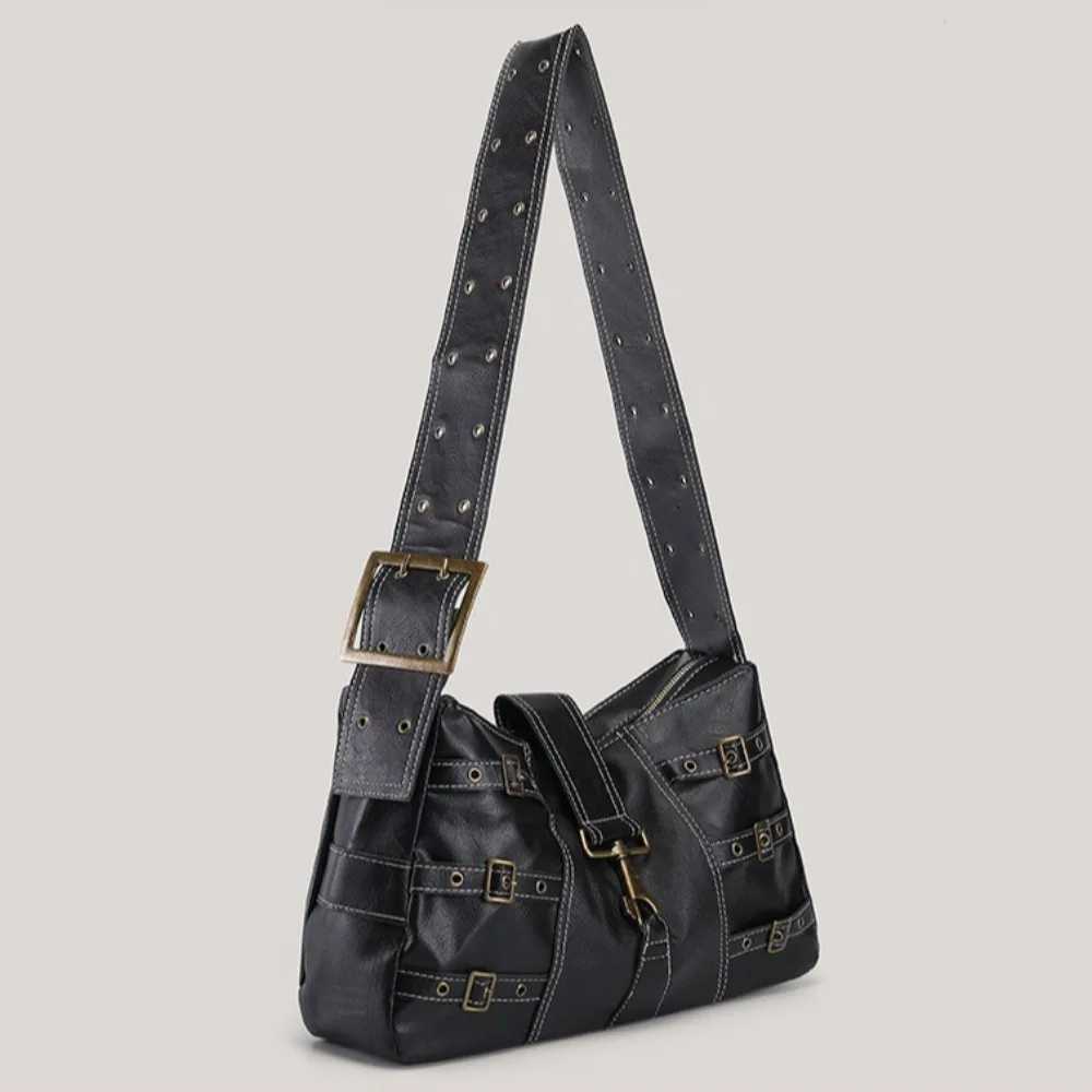 Pu Leather Handbag Metal Button American Retro Punk Shoulder Bags Tote Woman Large Capacity Commuting Storage Bag Purse X260728