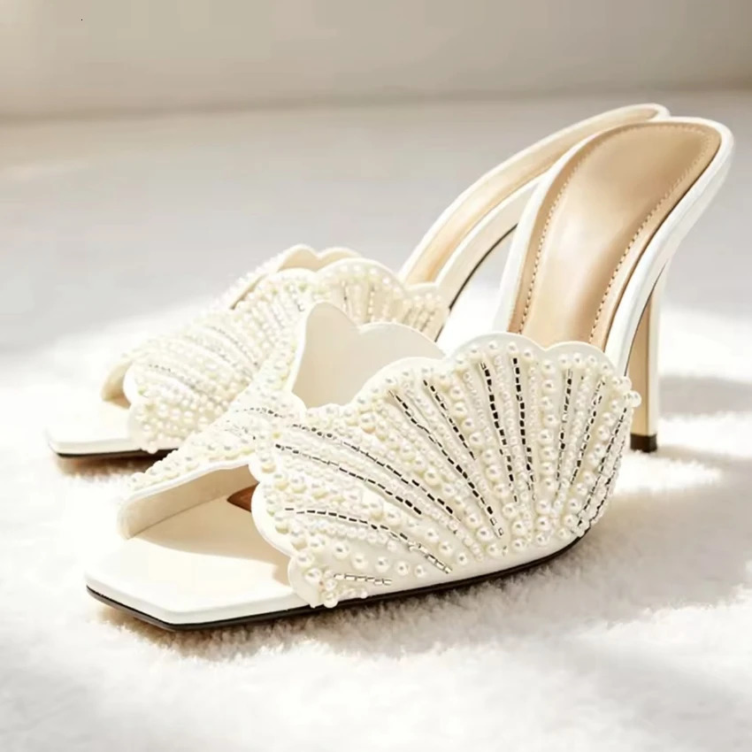 Womens Pearl Beaded Square Toe High Heel Sandals Open Toe Backless Stiletto Heels 2026 Party Wedding Shoes Woman Summer Mules 260727